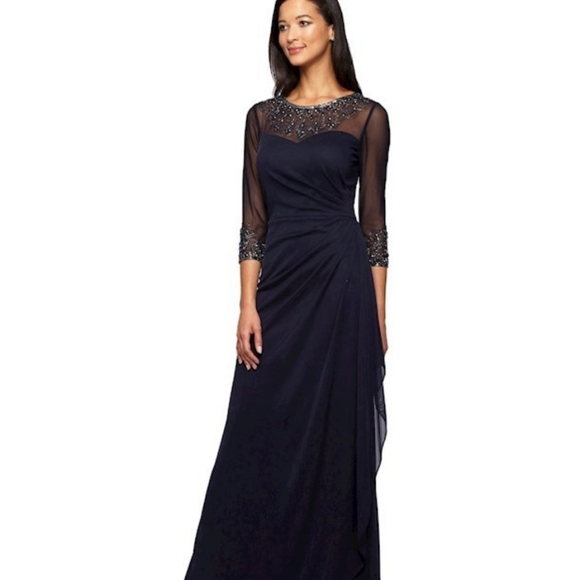 Size 12 Navy Ruched And Draped Mesh Formal With Illusion Sleeves And Beading NWT